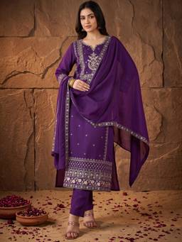 Gahan - Kurta with Zari Embroidered Yoke and Pant and Dupatta - Purple