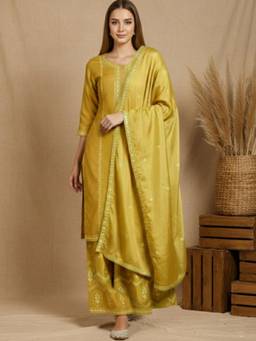 Gahan - Women-Bead Work Kurta with Palazzo and Dupatta - Yellow