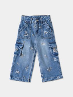R&B - Embroidered Wide Girls Blue Jeans