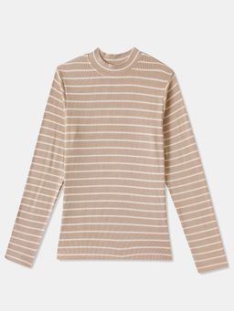 R&B - Striped Regular Girls Beige T-shirt