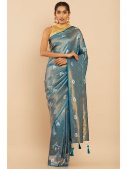 Soch - Women Blue Silk Floral Saree with Unstitched Blouse