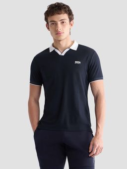 U.S. POLO ASSN. - Men Blue Polyester Solid/Plain Polo T-Shirt