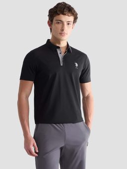 U.S. POLO ASSN. - Men Black Polyester Solid/Plain Polo T-Shirt