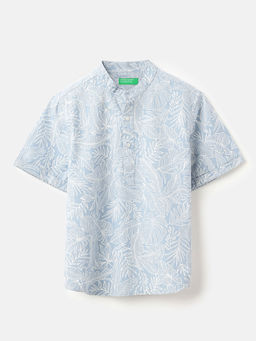 United Colors of Benetton - Blue Regular Fit Mandarin Collar Printed Shirt