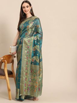 Odette - Blue Woven Organza Saree with Unstitched Blouse