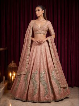 KRISHREE - Sage Peach Viscose Embroidered Semi Stitched Lehenga and Blouse with Dupatta