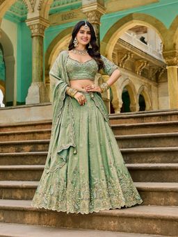 KRISHREE - Green Crepe Embellished Semi Stitched Lehenga and Blouse with Dupatta