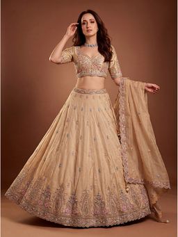 KRISHREE - Cream Viscose Embellished Semi Stitched Lehenga and Blouse with Dupatta