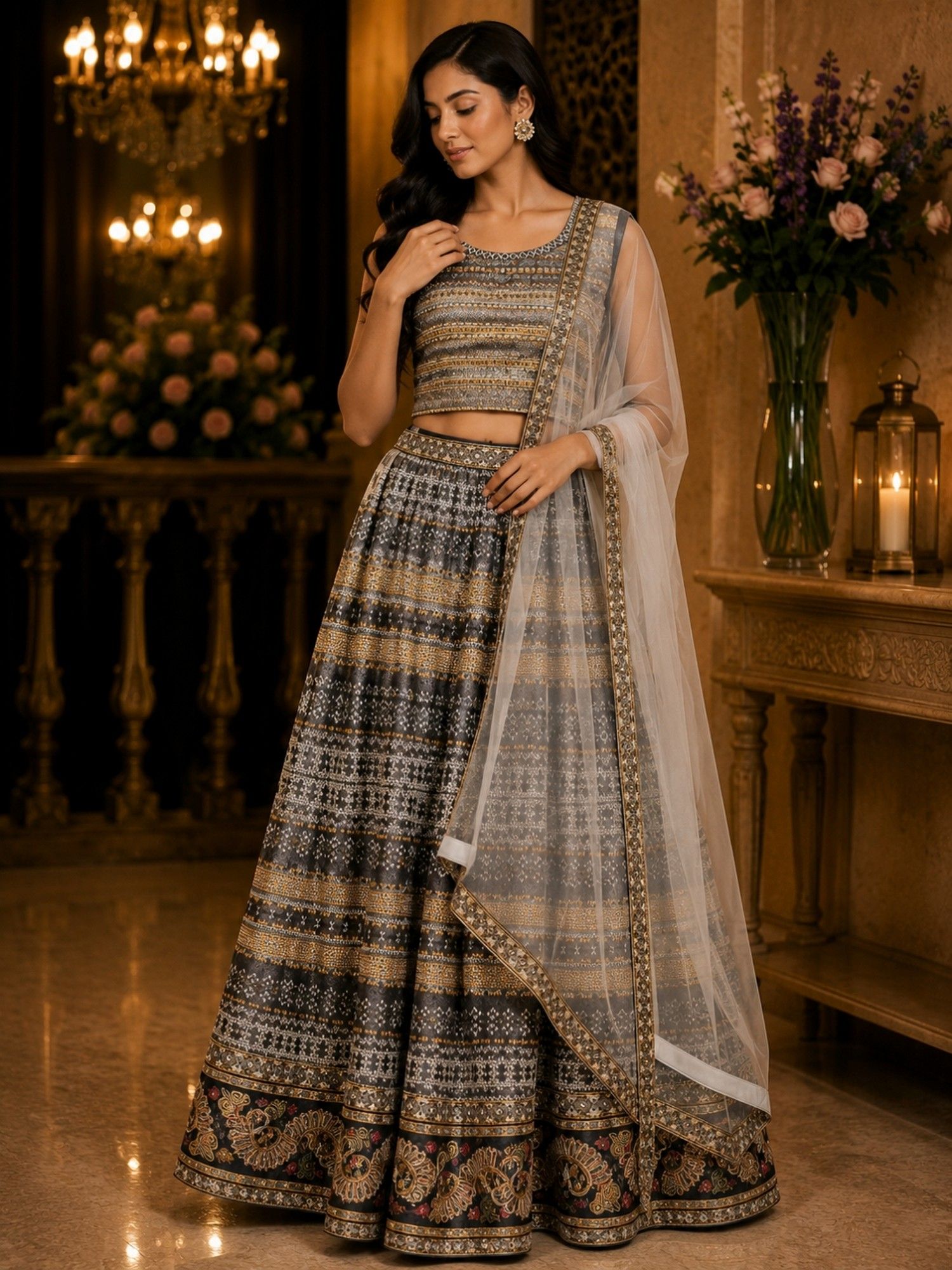 Women's Multicolor Ethnic Print Bangalori Silk Lehenga Choli with Dupatta-image-3