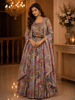 BC Balaji Creation - Women's Multicolor Floral Printed Chinnon Lehenga Choli with Shrug