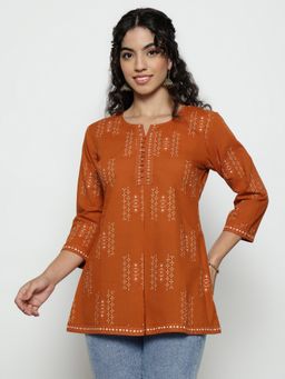 Vbuyz - Women'S Rust Foil Print A-Line Cotton Stitched Tunic