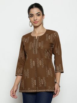 Vbuyz - Women'S Coffee Foil Print A-Line Cotton Stitched Tunic