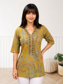 Vbuyz - Women'S Yellow Paisley A-Line Cotton Stitched Tunic