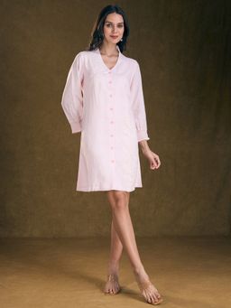 YAMINIS - Yamini’s Women's Light Pink Cotton Linen Embroidered Shirt Dress