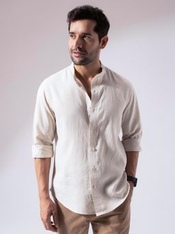 Perch - Men Beige Linen Cotton Band Collar Shirt