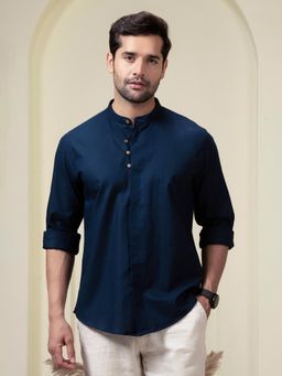 Perch - Men Navy Blue Linen Cotton Band Collar Solid Shirt