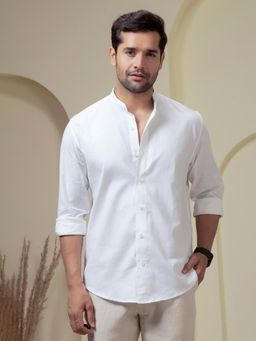 Perch - Men White Linen Cotton Band Collar Solid Shirt