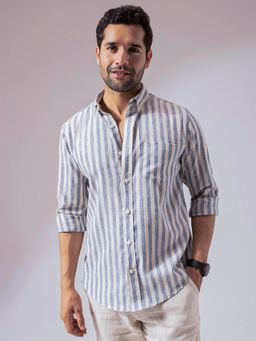 Perch - Men Ocean Blue Stripes Linen Cotton Shirt