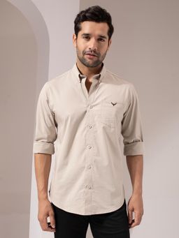 Perch - Men Beige Band Collar Solid Cotton Shirt