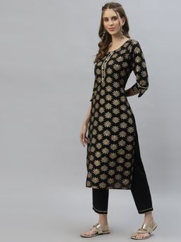 Stylum - Womens Gold Printed Rayon Straight Kurta Pant Set (Set of 2)