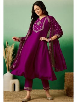 KVS FAB - Purple Bitaliyan Zari Embroidered Anarkali Kurta with Pant and Dupatta (Set of 3)