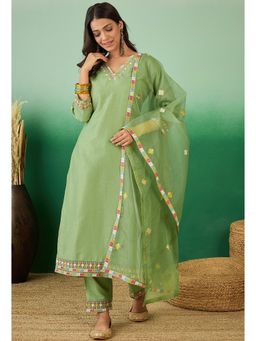 KVS FAB - Pista Green Bitaliyan Zari Embroidered Kurta with Pant and Dupatta (Set of 3)