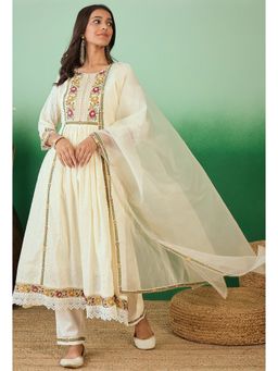 KVS FAB - Off White Schiffli Cotton Thread Embroidered Kurta with Pant and Dupatta (Set of 3)
