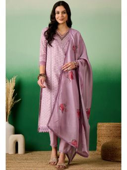 KVS FAB - Lavender Lace Hand Embroidered Kurta with Pant and Printed Dupatta (Set of 3)