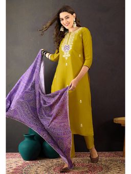 KVS FAB - Mustard Vichitra Embroidery Kurta with Pant and Bandhej Print Dupatta (Set of 3)
