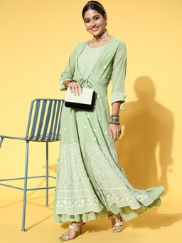 KVS FAB - Womens Pista Green Embroidered Sequins Frilled Flared Gown