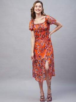 Marie Claire - Women Casual Orange Color Midi Floral Dress