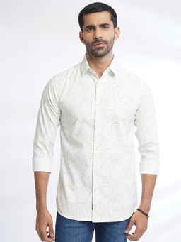 JadeBlue - Mens White Printed Cotton Slim Fit Casual Shirt