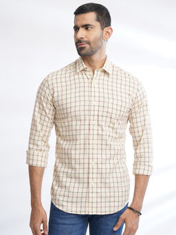 JadeBlue - Mens Cream Checks Cotton Slim Fit Casual Shirt