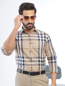Metal - Mens Beige Checks Cotton Slim Fit Formal Shirt