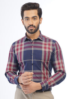 Metal - Mens Navy Blue Checks Cotton Slim Fit Formal Shirt