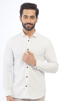JB Studio - Mens White Self Design Blended Slim Fit Casual Shirt