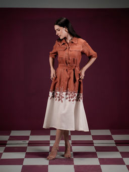 ZUMMER - Rust Hand Painted Midi Dress with Belt