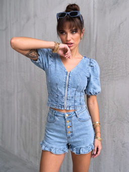 Magre - Blue Denim Puff Sleeves Crop Top