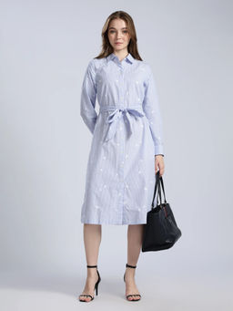 Tommy Hilfiger - Blue Cotton Spread Collar Shirt Dress with Belt