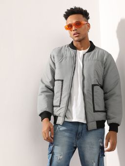 Campus Sutra - Men'S Light Grey Zip Front Puffer Jacket With Contrast Detail