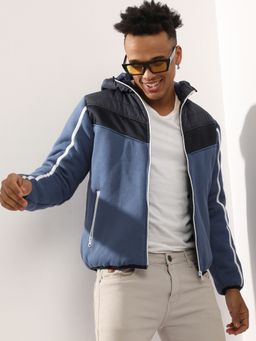 Campus Sutra - Men'S Prussian Blue Contrast Panel Puffer Jacket With Insert Pocket
