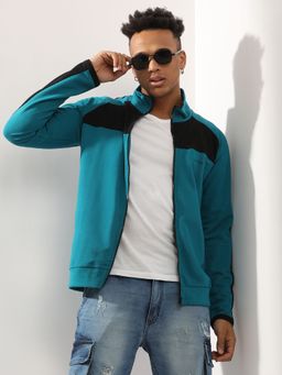 Campus Sutra - Men'S Teal Blue Zip Front Jacket With Contrast Detail