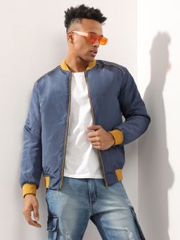 Campus Sutra - Men'S Blue Zip Front Puffer Jacket With Contrast Piping