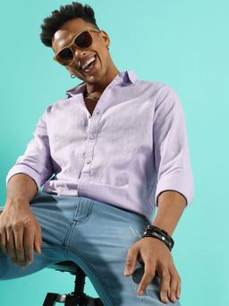 Campus Sutra - Men'S Lavender Self Design Striped Shirt