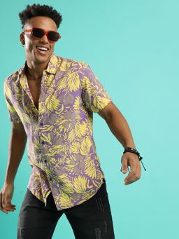 Campus Sutra - Men'S Lavender & Yellow Contrast Foliage Shirt