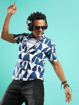 Campus Sutra - Men'S White & Indigo Blue Geometric Block Shirt