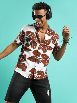 Campus Sutra - Men'S White & Brown Maxi Floral Print Shirt