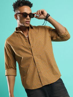Campus Sutra - Men'S Tan Brown Micro Flower Shirt