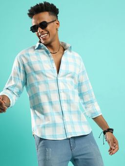 Campus Sutra - Men'S White & Light Blue Tartan Plaid Shirt