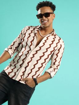 Campus Sutra - Men'S Beige & Brown Contrast Paint Lines Shirt